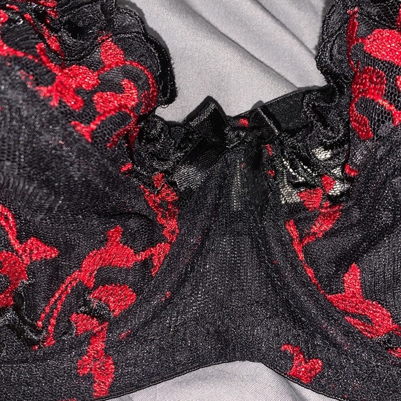 34D | Felina Underwire Push-Up Black & Red Lace Unlined Sexy Bra - Picture 2 of 5